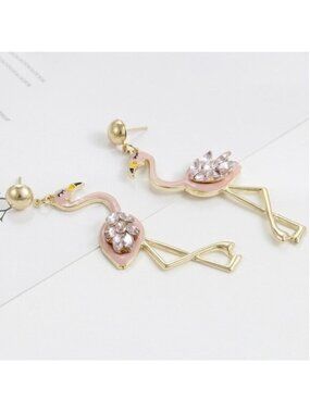 Pink Crystal Flamingo Drop Long Gold Earrings